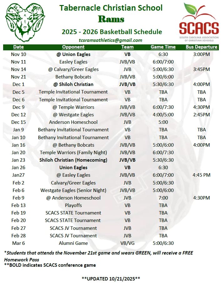2025 - 2026 Basketball Schedule